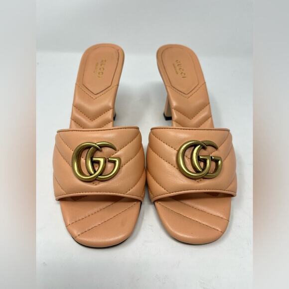 Gucci GG Marmont Quilted Peach Leather Heel Mules Sandal size 37 EU 7 US - Picture 3 of 7